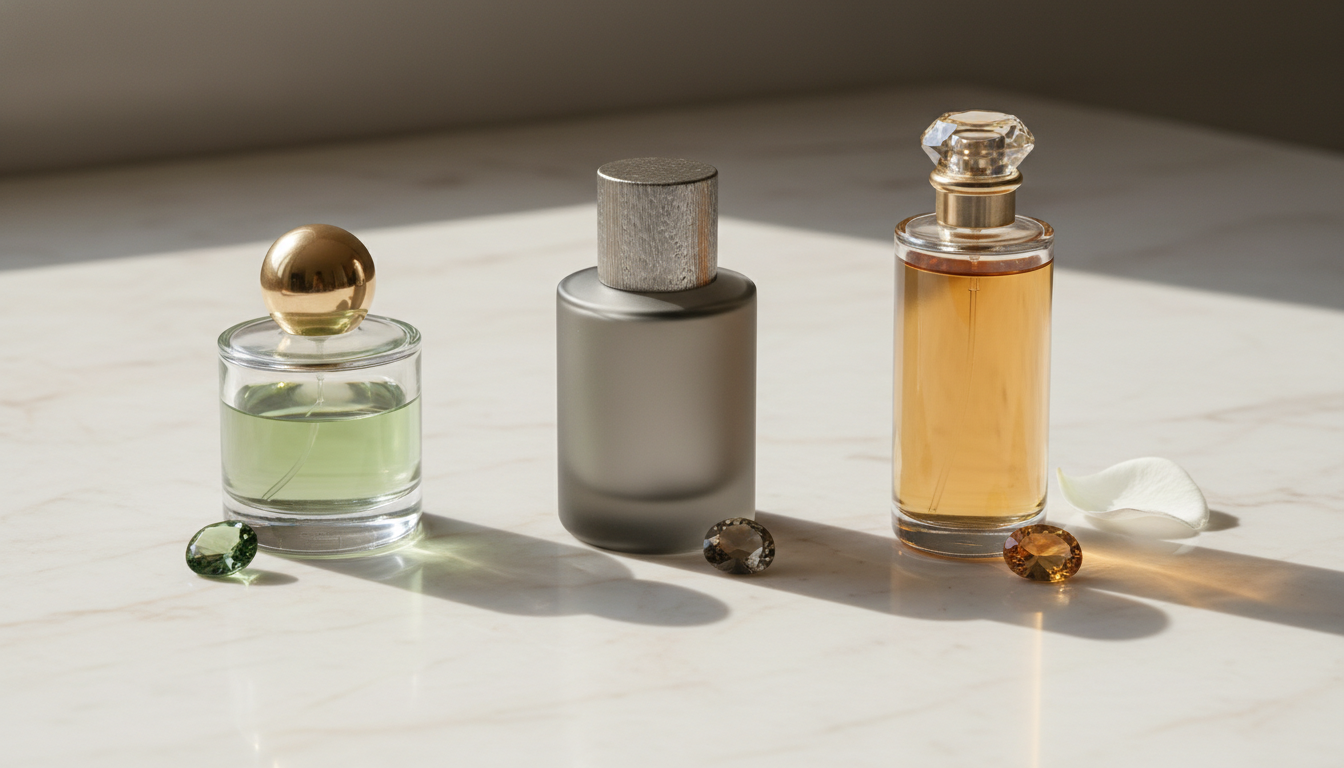 Três frascos de perfume não branded sobre mármore com pequenas pedras e uma pétala branca, organizados em linha para sugerir a evolução histórica das fragrâncias Bvlgari.