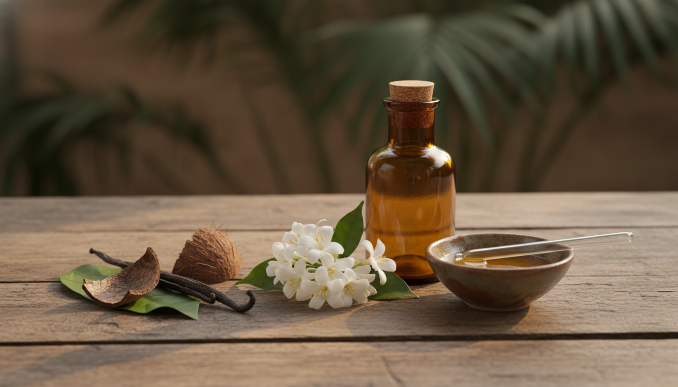 Mesa de madeira com flores sampaguita ao centro, frasco artesanal âmbar e tigela cerâmica com óleo essencial, acompanhados por botânicos secos, iluminados por luz natural suave.