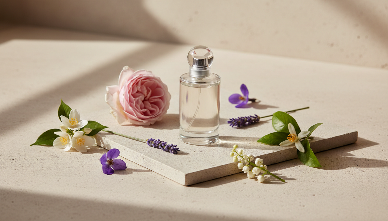 Frasco de perfume de vidro claro sobre uma placa de pedra clara, cercado por rosa, jasmim, lavanda, lírio-do-vale, violeta e flor de laranjeira em arranjo natural