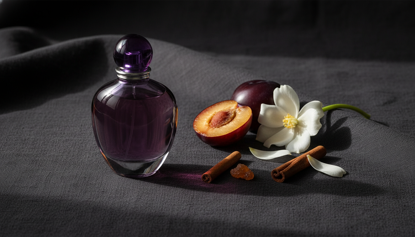 Still life editorial com frasco de vidro roxo semelhante ao Poison sobre tecido escuro, ameixa cortada, pétalas de tuberosa, pau de canela e pequeno pedaço de âmbar; iluminação suave e fundo desfocado.