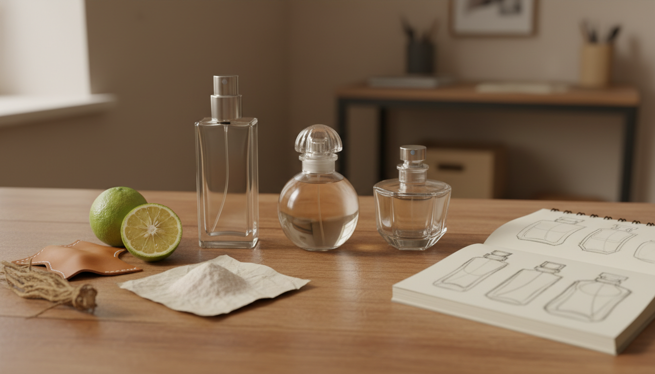 Composição editorial: três frascos de perfume sem rótulo sobre mesa de madeira, amostra de couro costurada, fatia de bergamota, pó de íris em papel, raiz de vetiver e um caderno de esboços aberto, iluminados por luz natural suave.