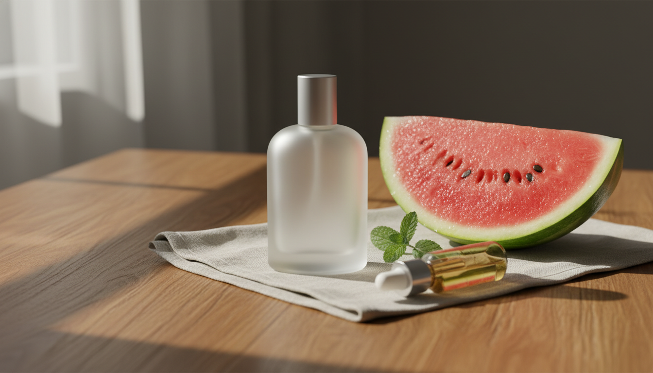 Garrafas de perfume fosco e um pedaço de melancia suculenta sobre mesa de madeira com frasco âmbar e ramo de hortelã, em luz natural editorial.