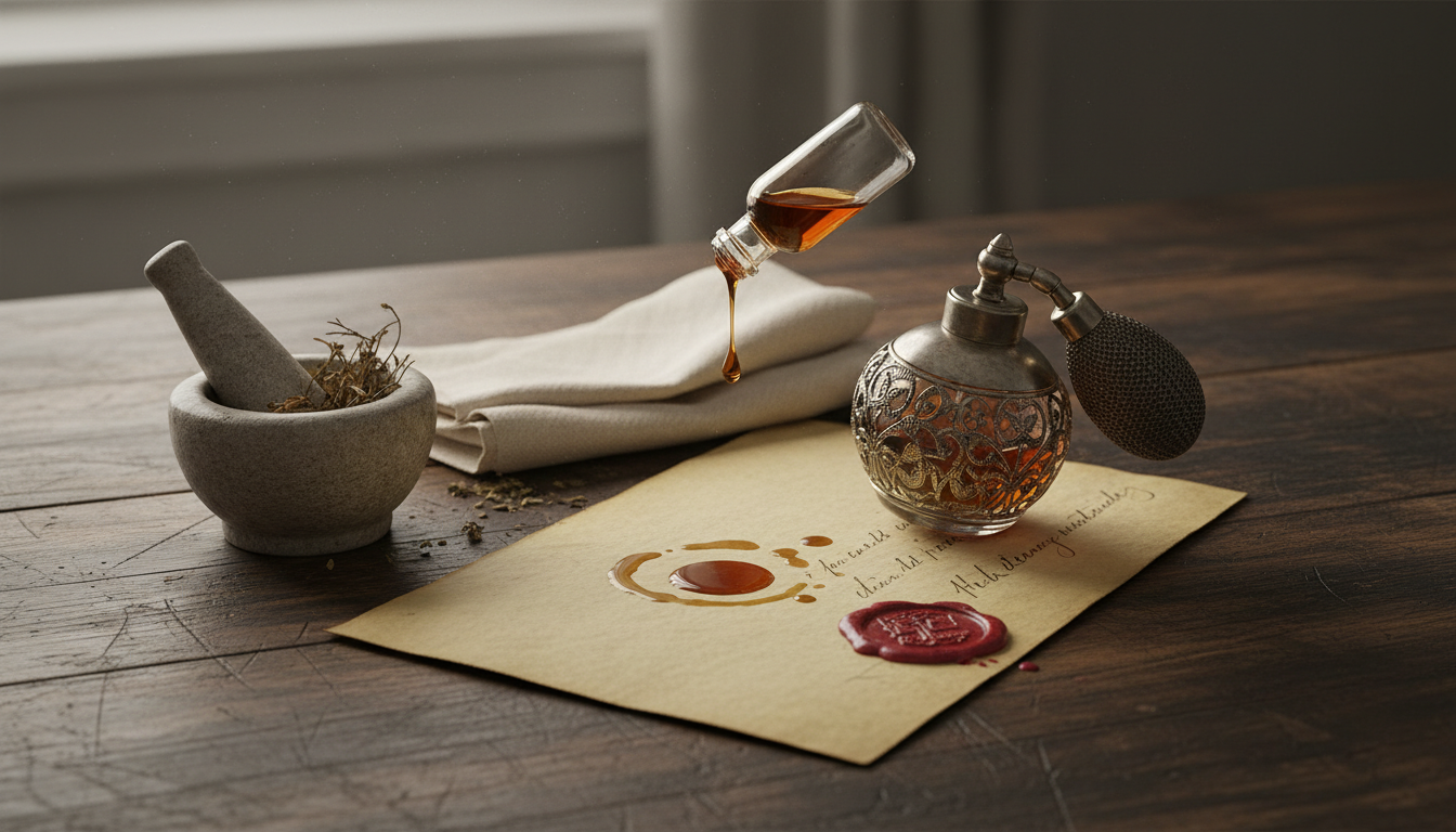 Frasco de perfume antigo tombado ao lado de um pequeno frasco com uma gota escura sobre um pergaminho envelhecido, selo de cera quebrado e almofariz com ervas sobre mesa de madeira.