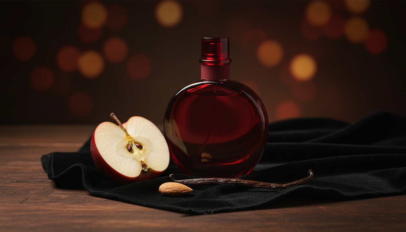 Frasco de perfume vermelho arredondado sobre veludo preto, com maçã cortada e vagem de baunilha ao lado, luz suave e fundo desfocado.