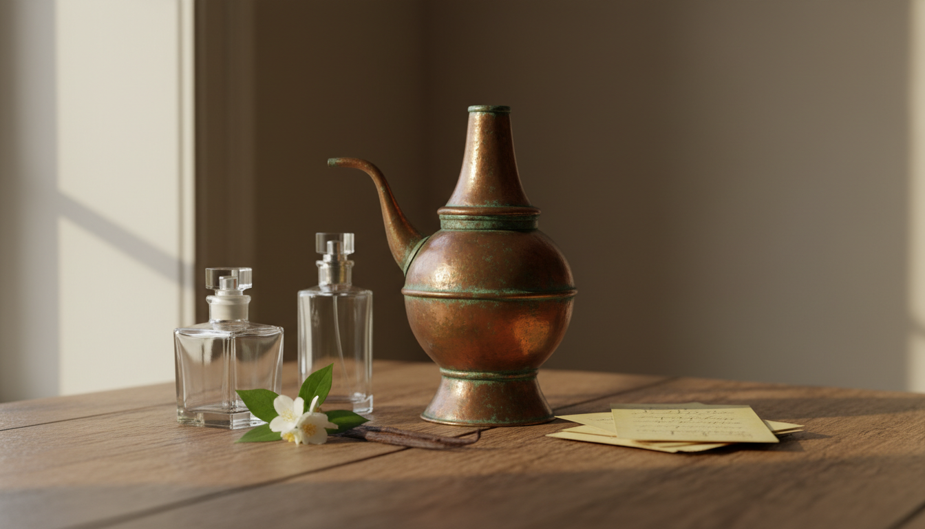 Composição editorial com alambique de cobre antigo no centro, frascos de perfume vintage e moderno ao lado, jasmim e fava de baunilha sobre mesa de madeira.