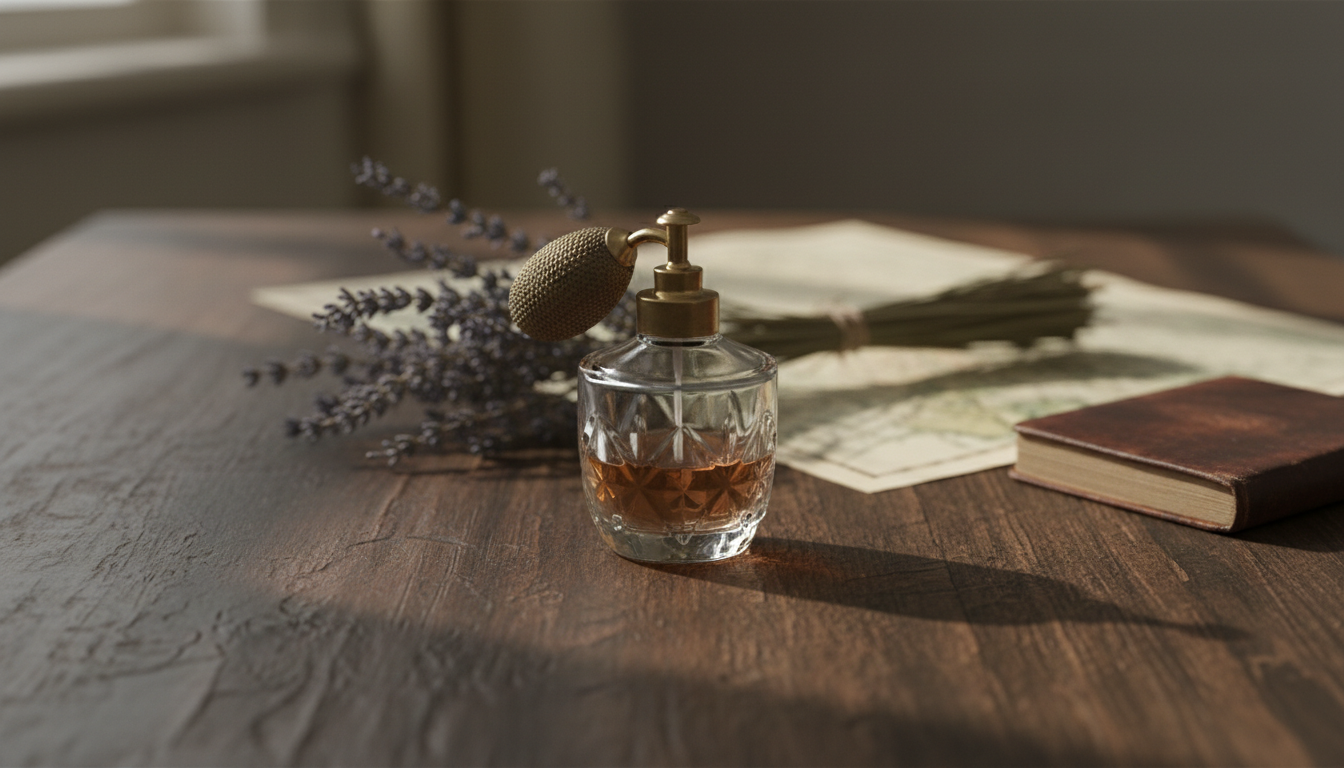 Fotografia editorial de frasco antigo de perfume sobre mesa de madeira, com ramos de lavanda seca, mapa antigo e caderno de couro ao fundo, iluminação natural suave.