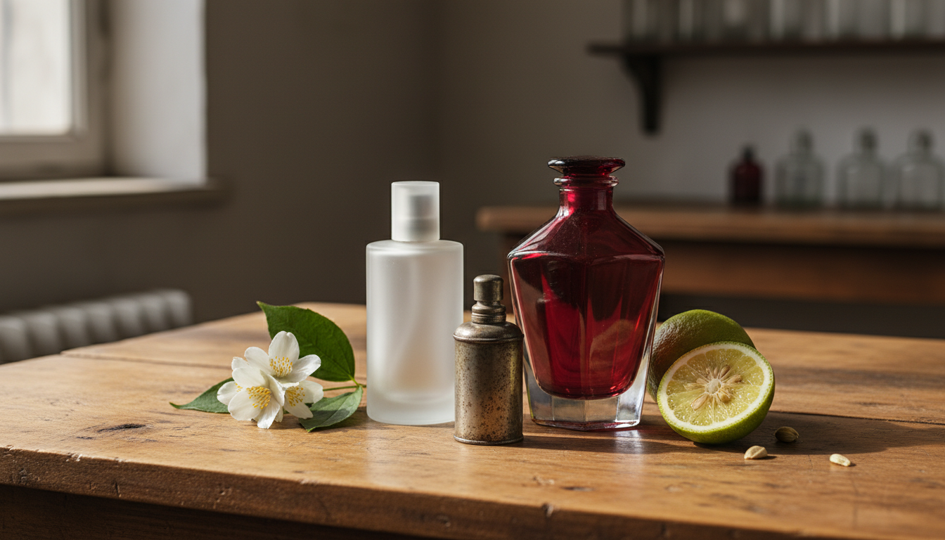 Still-life editorial: decanter de cristal vermelho facetado, frasco de vidro fosco e atomizador metálico sobre mesa de madeira com jasmin e meia bergamota, luz natural suave.