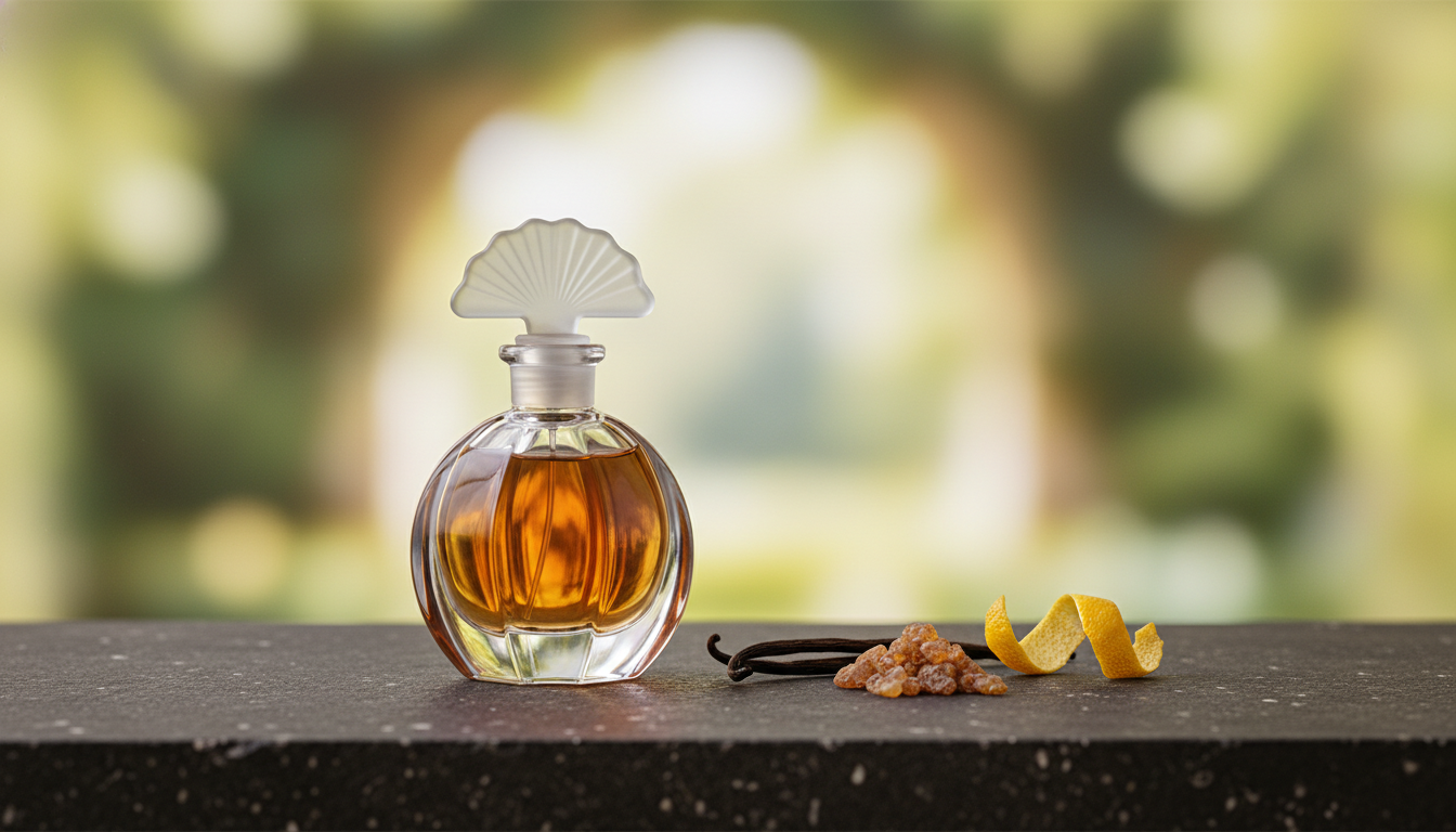 Frasco clássico do perfume Shalimar em vidro facetado sobre superfície rústica, acompanhado por vagem de baunilha, pequenas resinas e meia bergamota, luz natural suave e fundo desfocado que remete a um jardim antigo.