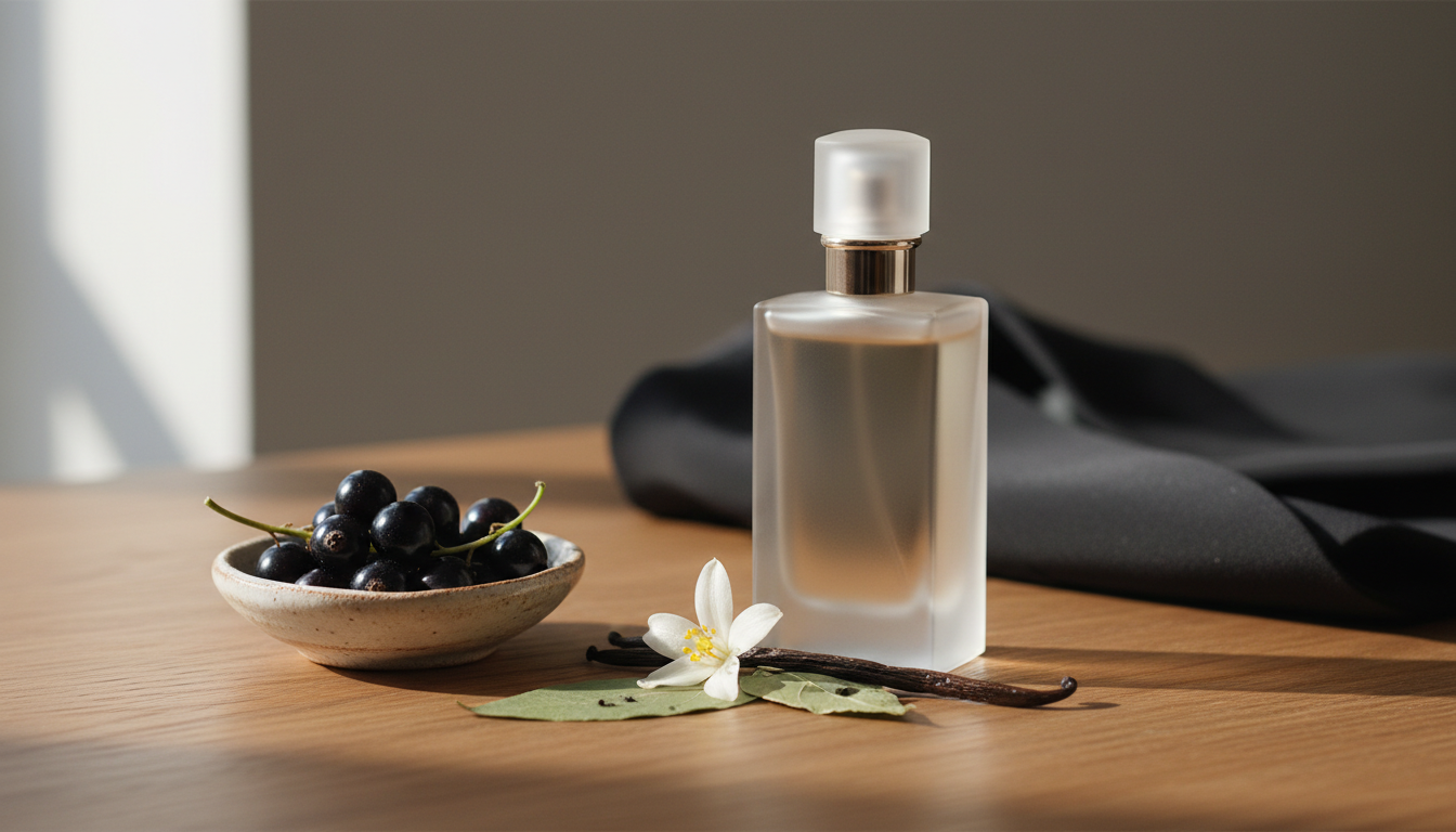 Foto editorial de um frasco minimalista de perfume sobre mesa de madeira com cassis, uma flor branca, fava de baunilha e folha de patchouli, e um pedaço de tecido preto ao fundo.
