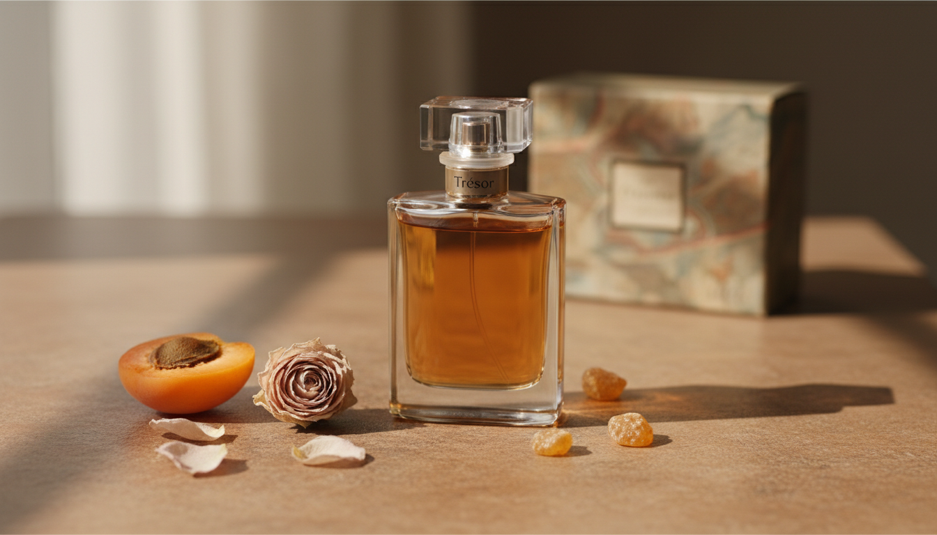 Frasco clássico do perfume Trésor sobre mesa com metade de damasco, pétalas de rosa secas e pequenas resinas âmbar, iluminação natural suave.