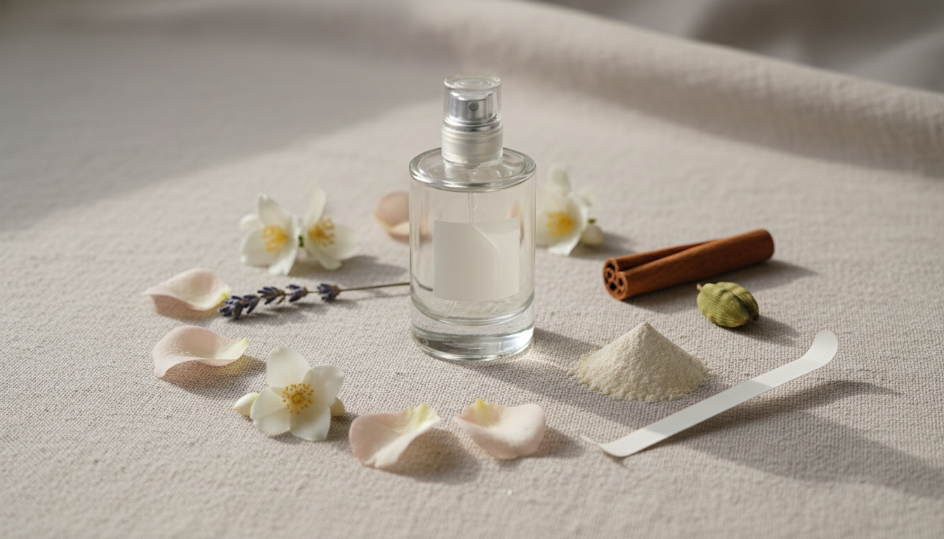 Frasco de perfume sem marca no centro, cercado por pétalas de rosa, flores de jasmim, ramos de lavanda e pó de íris sobre superfície de linho; tira olfativa repousa ao lado.
