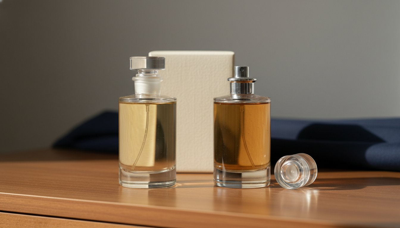 Dois frascos de perfume sobre uma cômoda de madeira: à esquerda um frasco tampado com líquido claro; à direita um frasco sem tampa com líquido levemente mais escuro e pequenas partículas no gargalo, tampa apoiada ao lado.