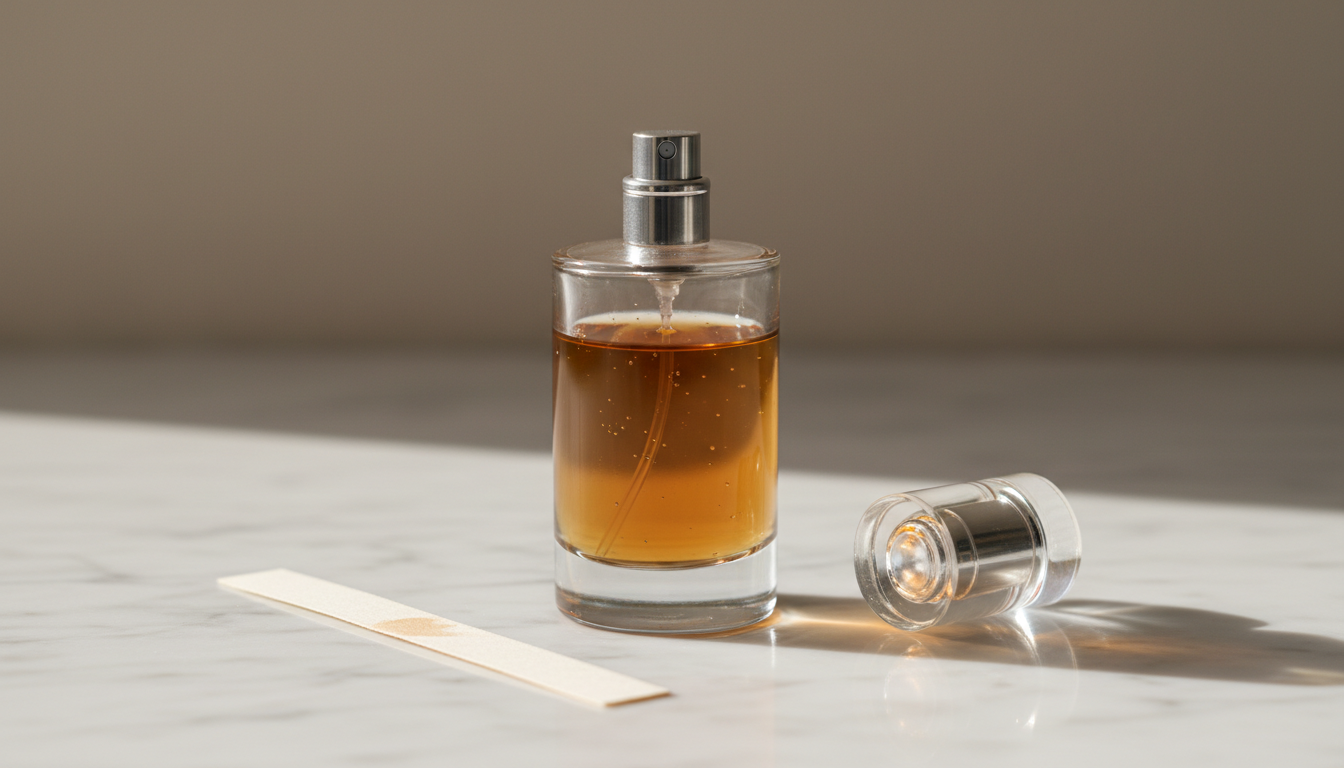 Frasco de perfume em pé sobre superfície clara, líquido levemente ambar com microbolhas no vidro, atomizador com pequeno resíduo e tira de papel de teste ao lado.