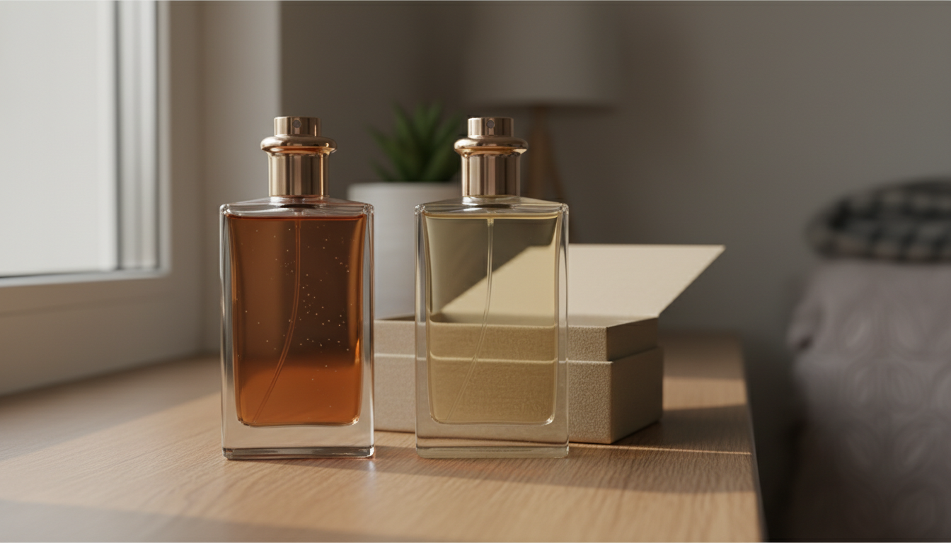 Dois frascos de perfume lado a lado em um parapeito: o da esquerda sob luz solar com líquido ligeiramente mais escuro e turvo; o da direita em sombra dentro de uma caixa, com líquido claro.