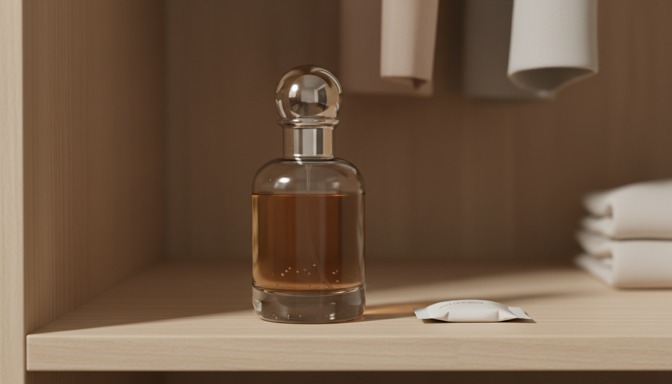 Garrafa de perfume de vidro em pé sobre prateleira de madeira com líquido levemente turvo e pequenas gotas de condensação internas; pacote de sílica gel ao lado.