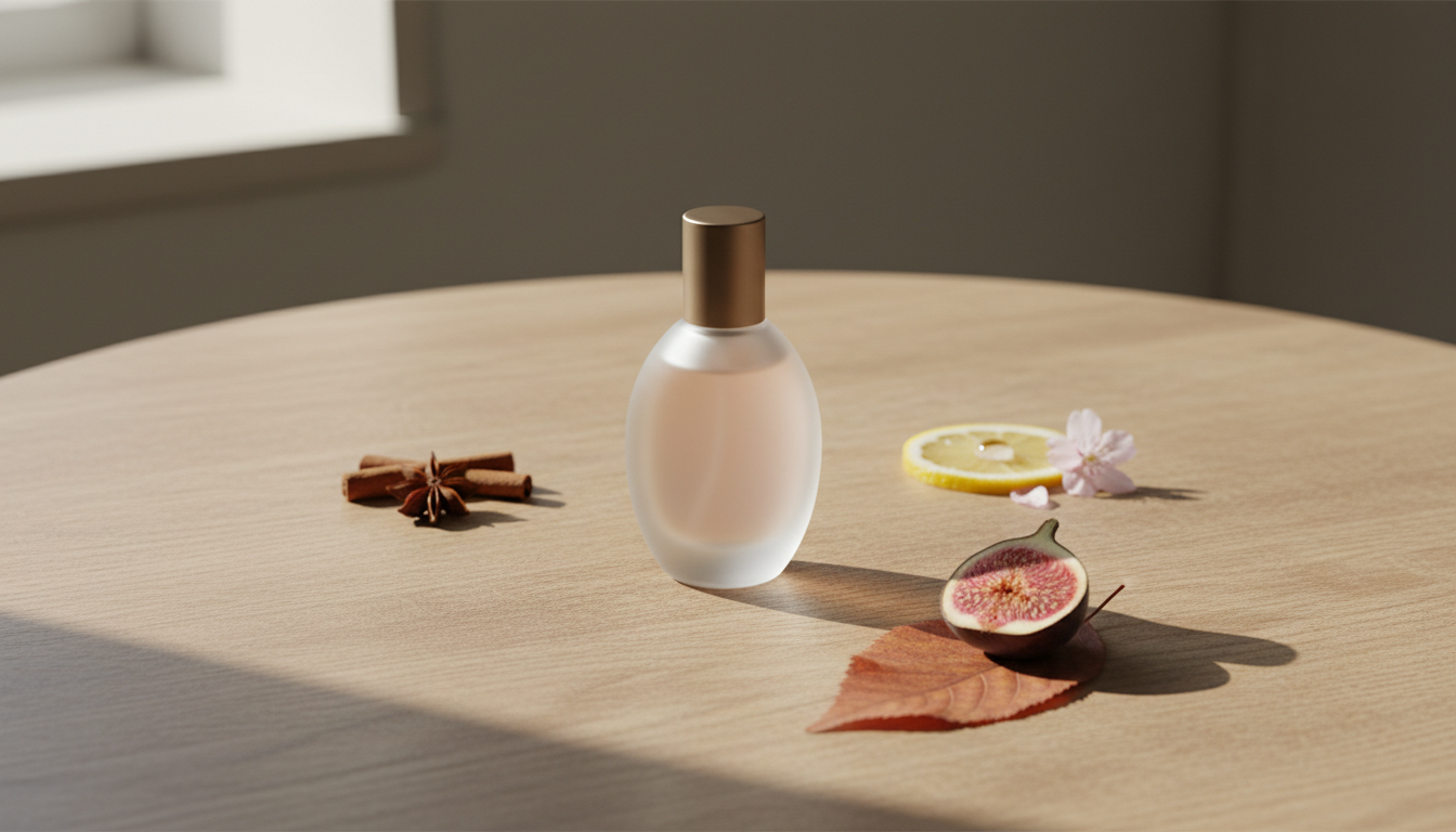 Frasco de perfume fosco central sobre mesa de madeira, cercado por fatia de limão, pétalas de flor, folha seca com meia fruta e canela com anis em fundo desfocado.