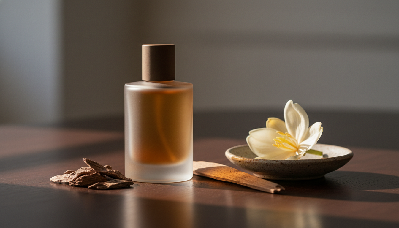 Composição editorial: frasco artesanal de perfume em vidro âmbar sobre mesa de madeira, com lascas de oud, pedaço de sândalo e uma flor de champaca em prato cerâmico, iluminação natural suave.