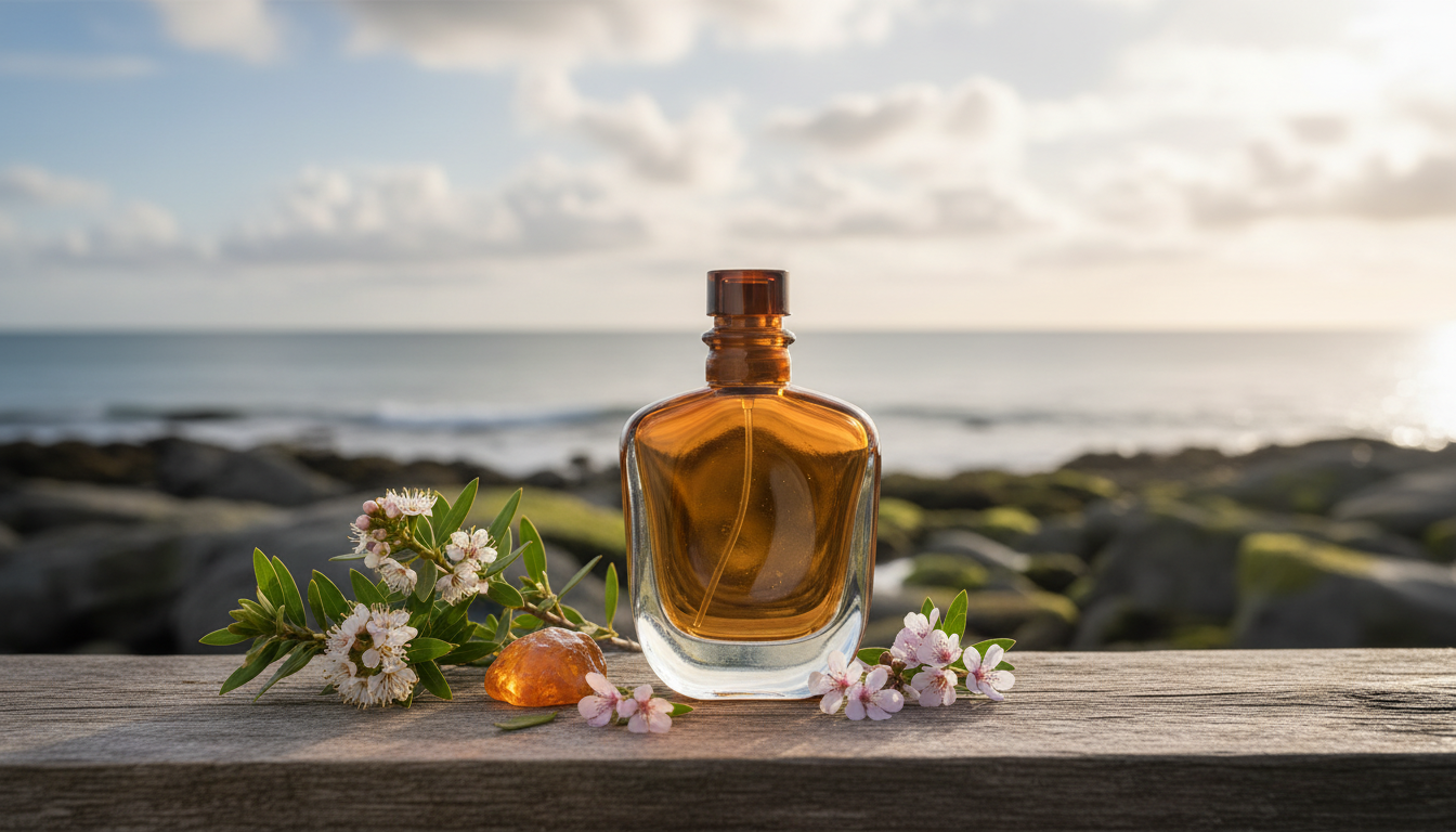 Frasco de perfume âmbar artesanal sobre tábua de madeira com ramo de manuka em flor, pedaço de resina de kauri e flores de koromiko, fundo costeiro desfocado.