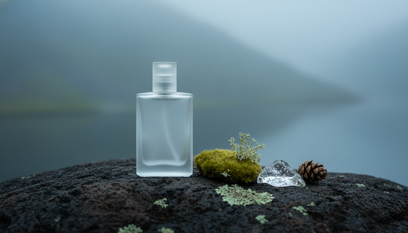 Frasco minimalista de perfume em vidro fosco sobre uma rocha escura, acompanhado por líquen, musgo, uma pequena pinha e um fragmento de gelo, com fundo desfocado em tons frios.