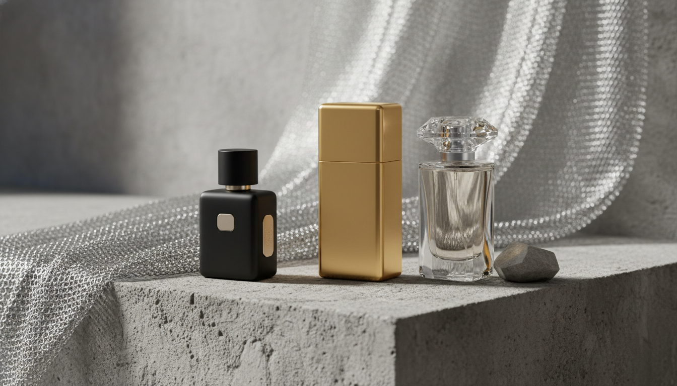 Natureza morta editorial com três frascos de perfume de design marcante sobre uma base de concreto texturizada e um tecido metálico ao fundo, iluminação suave lateral.