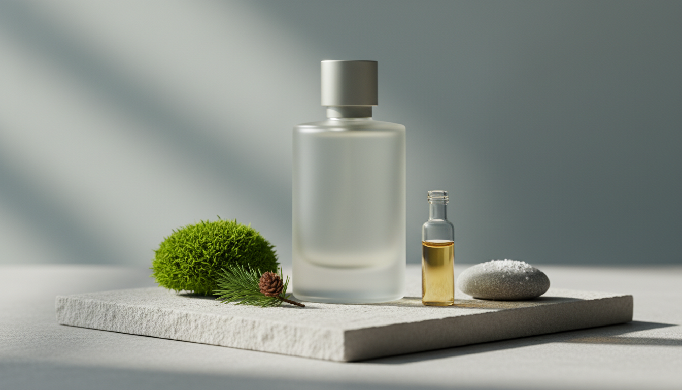 Frasco de perfume minimalista sobre pedra clara, com musgo, galho de pinheiro, seixo e pequeno frasco de vidro âmbar — estética editorial que remete à perfumaria sueca, natureza e inovação.