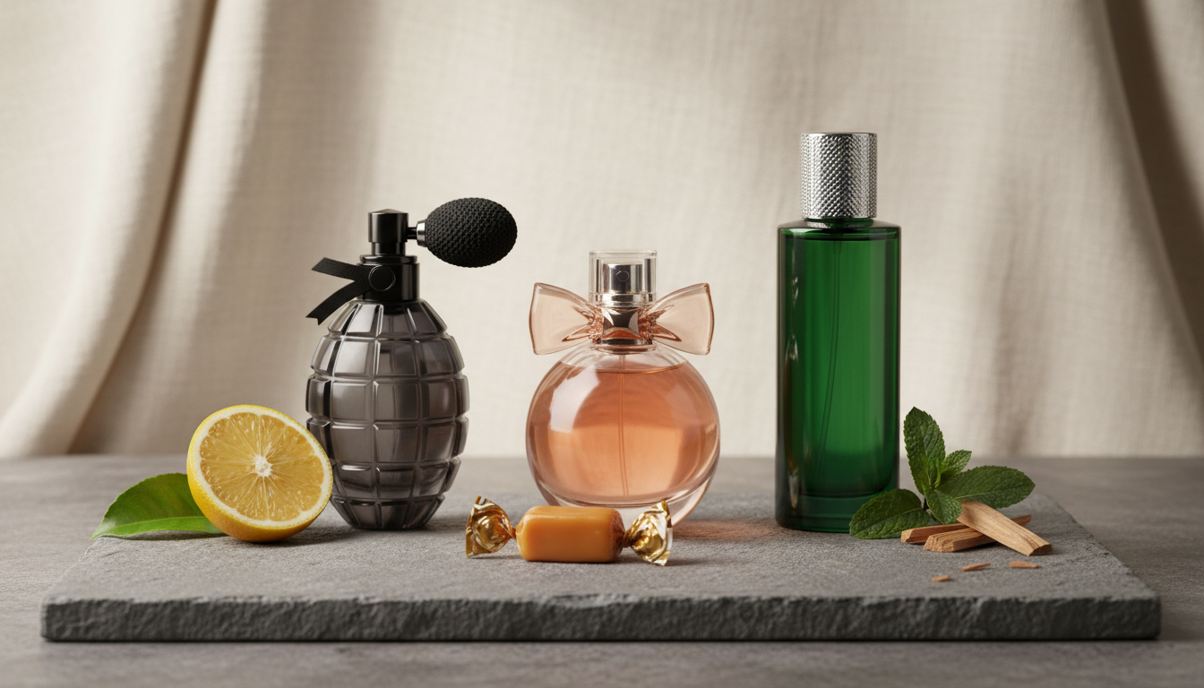 Três frascos de perfume em bancada de pedra: frasco em formato de granada, frasco com laço e frasco masculino esguio, com bergamota, caramelo e folhas que sugerem notas olfativas.