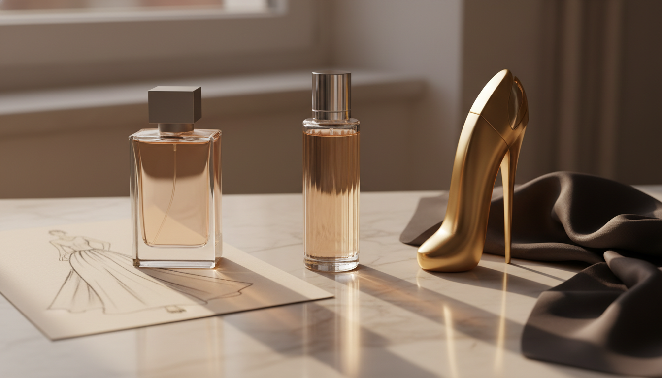 Três frascos de perfume estilizados sobre mármore: um retangular clássico, um cilíndrico moderno e um frasco em formato de sapato dourado, com um esboço de moda e um lenço de seda ao lado.