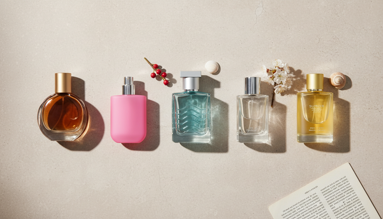 Arranjo editorial de cinco frascos de perfume sem rótulo sobre superfície clara, com concha e ramo floral indicando coleções de verão e evolução dos lançamentos.