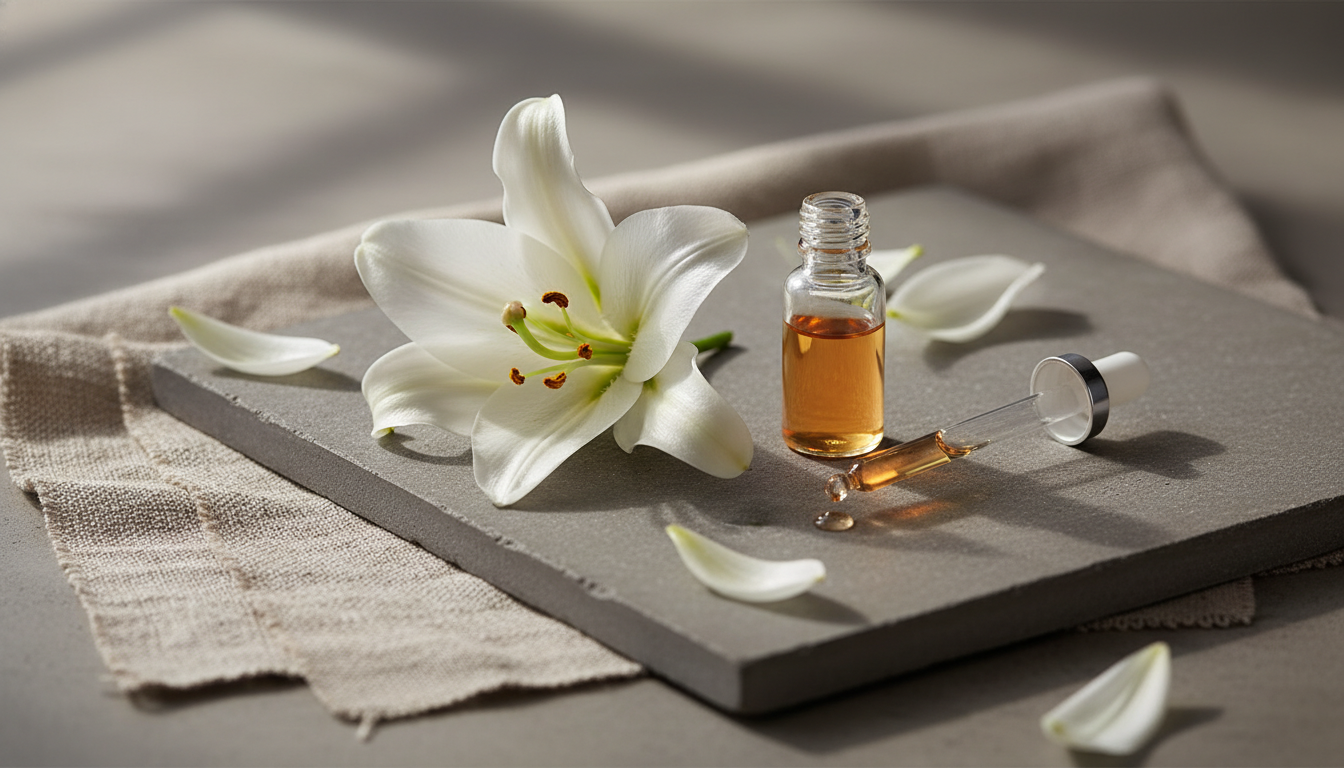 Natureza-morta editorial com um lírio branco aberto sobre pedra matte, ampola de vidro com líquido âmbar, pipeta com uma gota e pétalas ao redor, em luz natural suave.