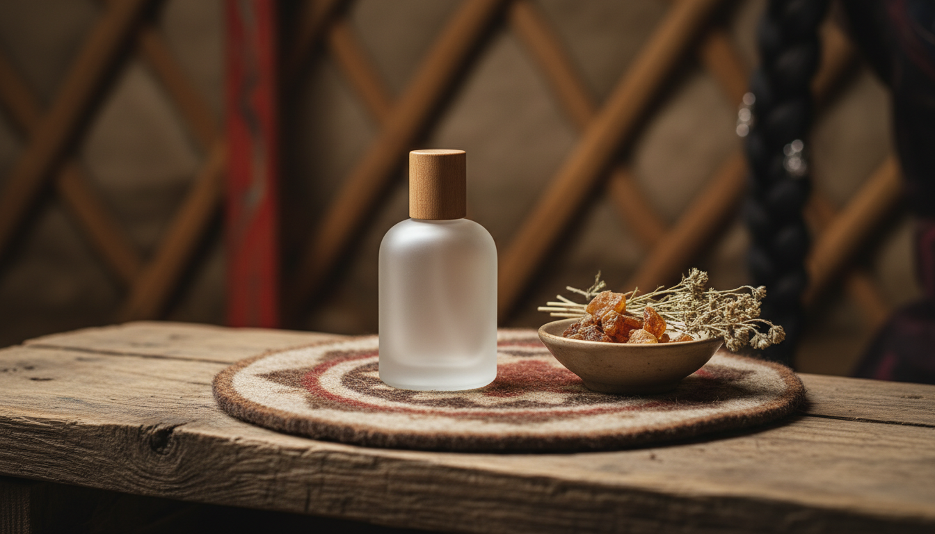 Frasco de perfume de vidro fosco com tampa de madeira sobre um tapete redondo de feltro mongol, ramos secos de artemísia e uma tigela com resina âmbar; fundo desfocado sugere o interior de uma tenda (ger) com uma figura parcial.