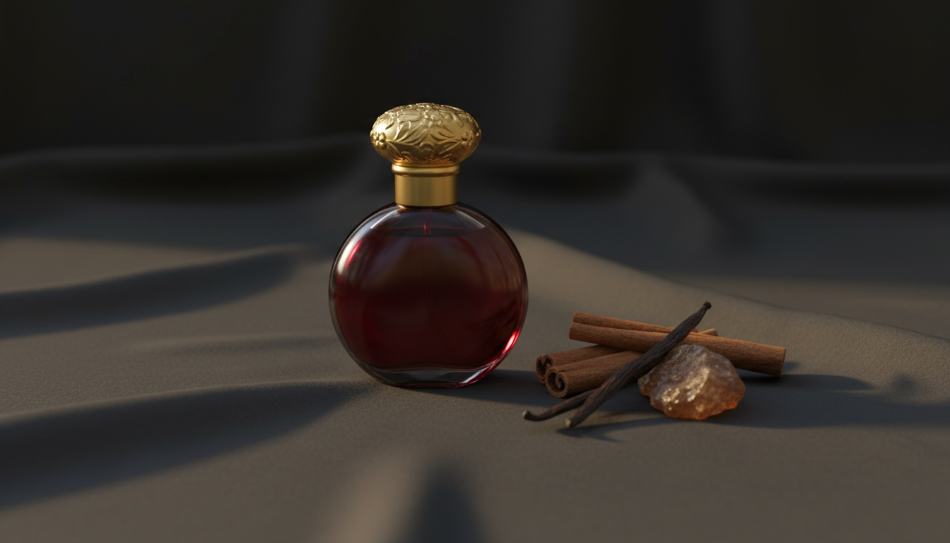 Frasco vermelho vintage de perfume sobre tecido escuro, com paus de canela, fava de baunilha e resina âmbar ao lado.