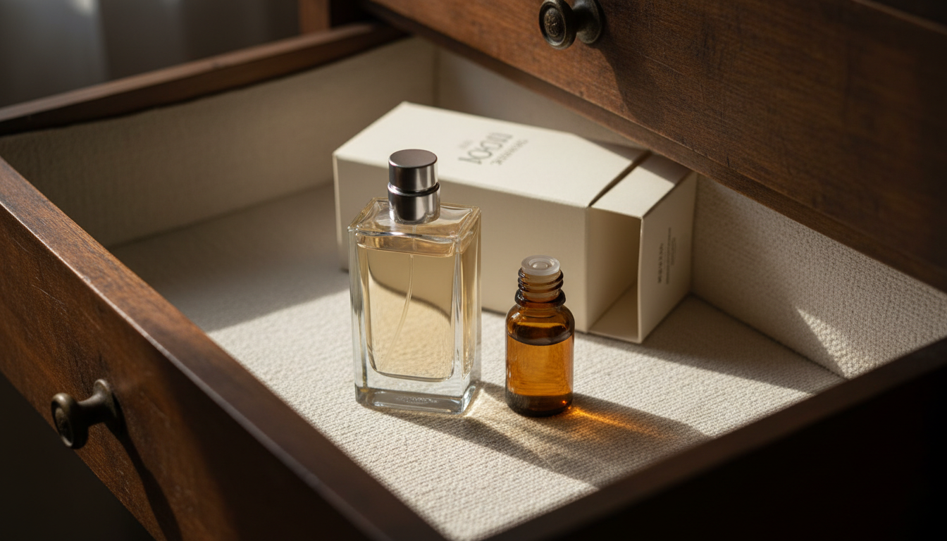 Gaveta interna escura forrada com tecido, exibindo um frasco de perfume em vidro transparente com nível visível e um decant em vidro âmbar ao lado, e a caixa original parcialmente aberta ao fundo, iluminação difusa.