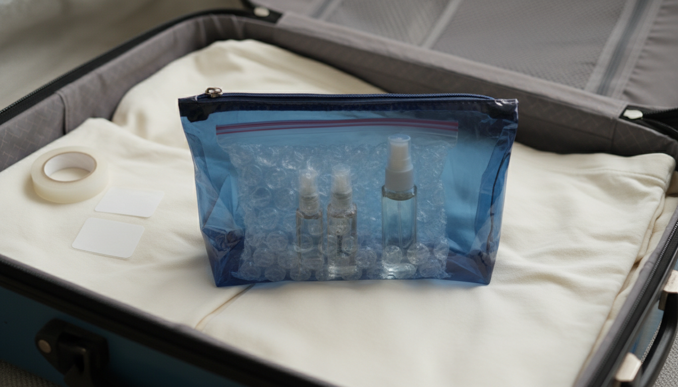 Necessaire impermeável aberta dentro de uma mala, com um saco ziplock transparente contendo 3–4 frascos pequenos e um mini spray, cada frasco envolto em papel bolha e roupas ao redor como proteção.