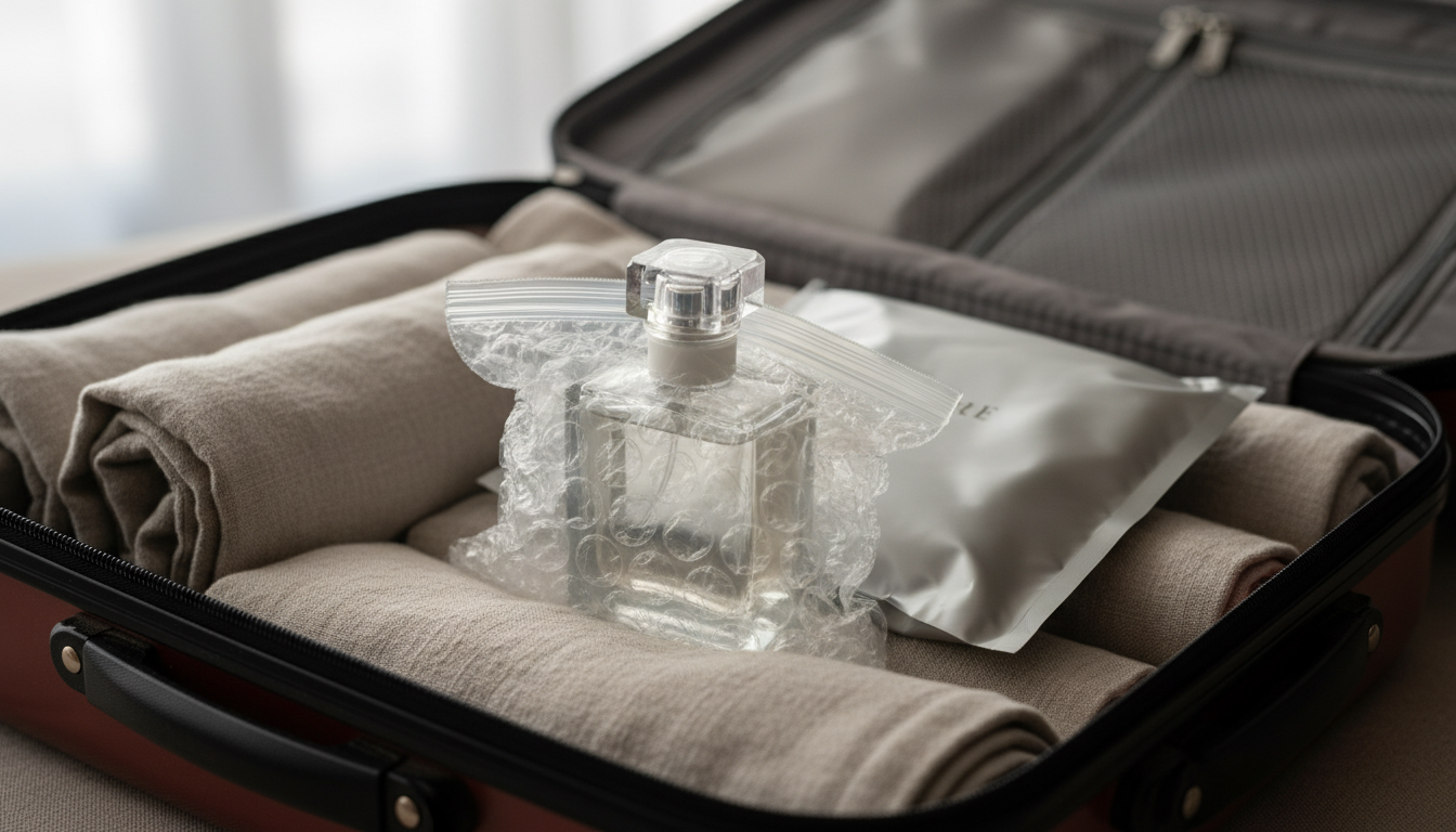 Mala de viagem aberta com um frasco de perfume central envolto em plástico bolha, bico selado com filme plástico e colocado dentro de saco zip transparente, acomodado entre roupas enroladas.