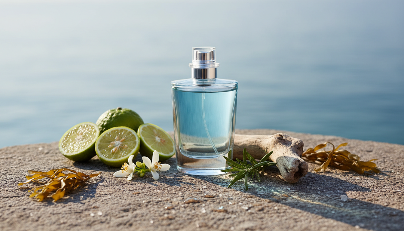 Composição editorial: frasco de perfume sem rótulo sobre pedra costeira com bergamota, flores de neróli, alecrim e fragmento de madeira/alga, iluminação solar suave.