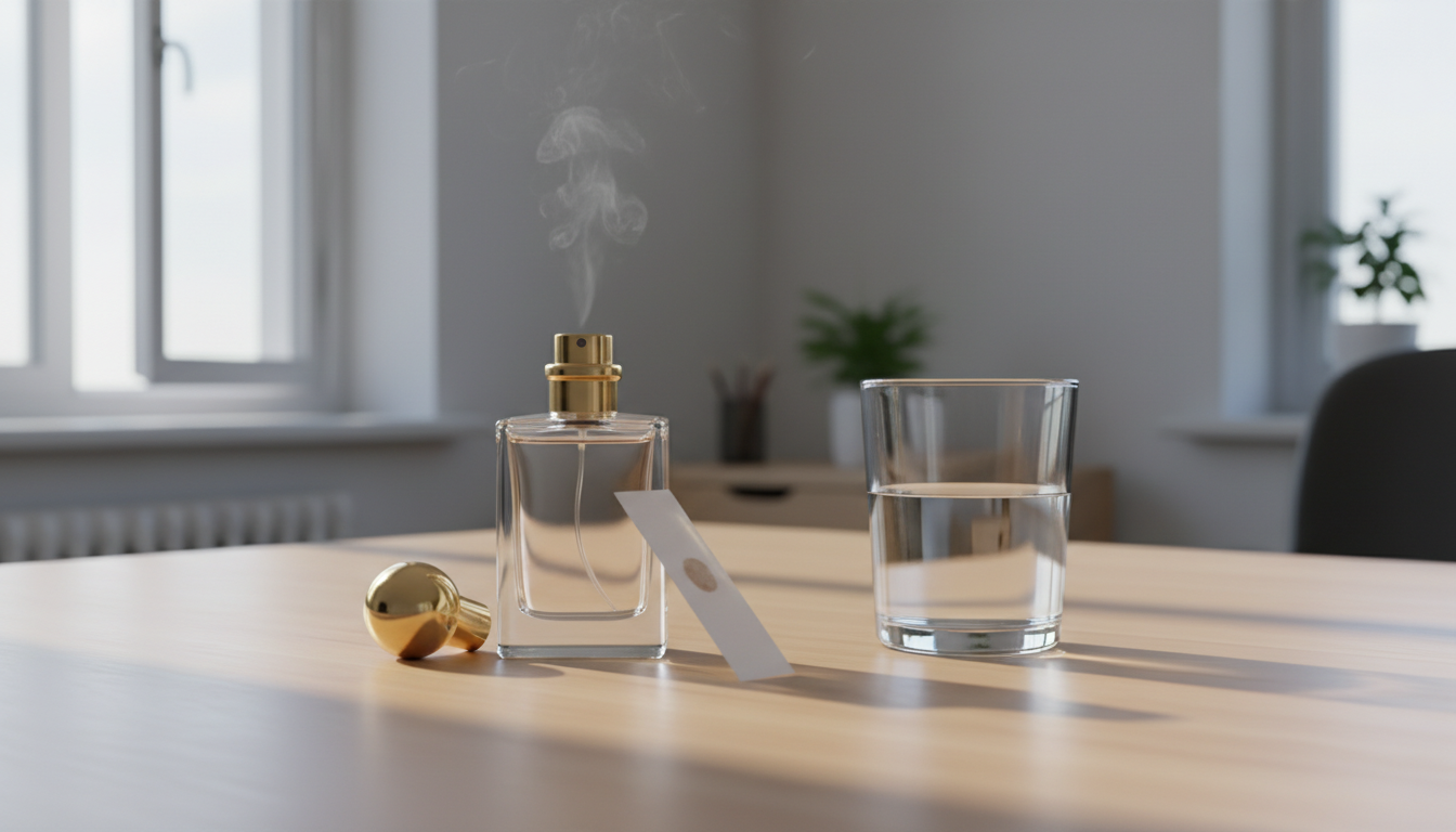 Frasco de perfume aberto sobre mesa de escritório com uma tira de teste encostada e um copo d'água, leve vapor subindo em direção a janela entreaberta ao fundo.