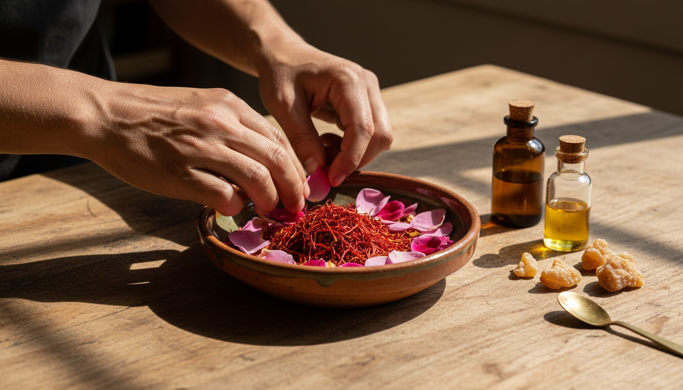 Close-up editorial de um ateliê marroquino: tigela de cerâmica com fios de açafrão e pétalas de rosa, mãos de artesão organizando os ingredientes, frascos âmbar e resinas sobre mesa de madeira.
