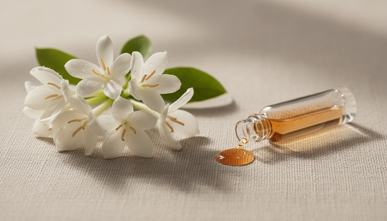 Close-up editorial de flores brancas de tuberosa sobre tecido de linho, com um frasco de vidro sem rótulo tombado e uma pequena gota de óleo âmbar sobre o tecido.