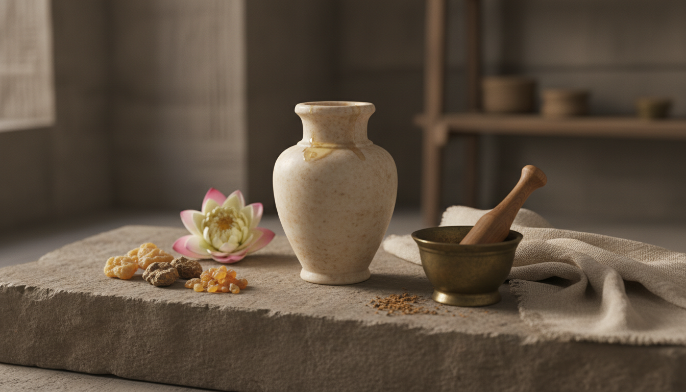 Natureza-morta editorial com um vaso unguentário de alabastro egípcio sobre uma laje de calcário, pedaços de resina (mirra, olíbano), uma flor de lótus e um pequeno almofariz de bronze.