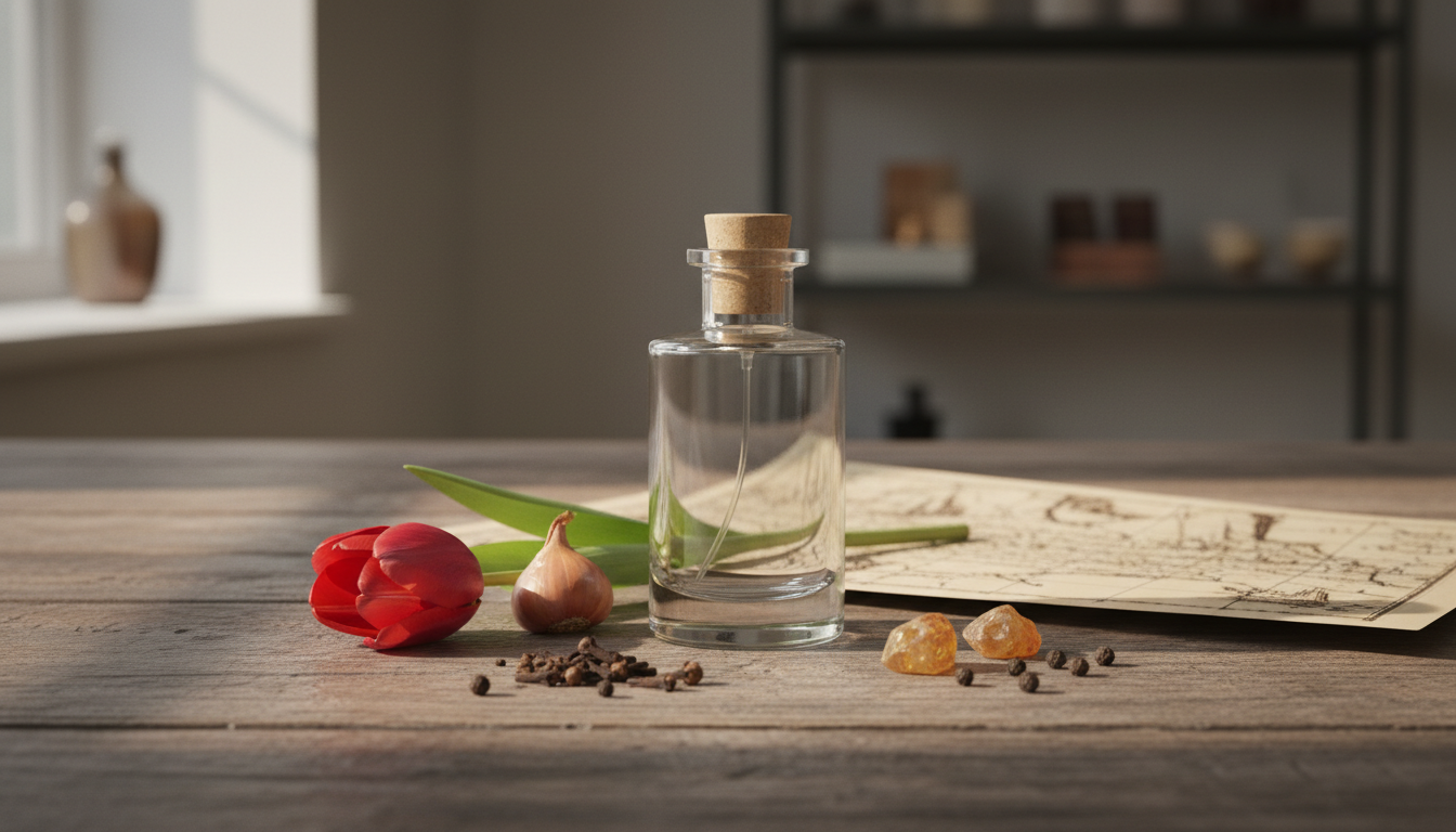 Frasco artesanal de perfume sobre mesa de madeira com uma tulipa vermelha, um bulbo, especiarias (cravo e pimenta), pedaços de resina e um mapa náutico antigo ao fundo, iluminação natural, estilo editorial.