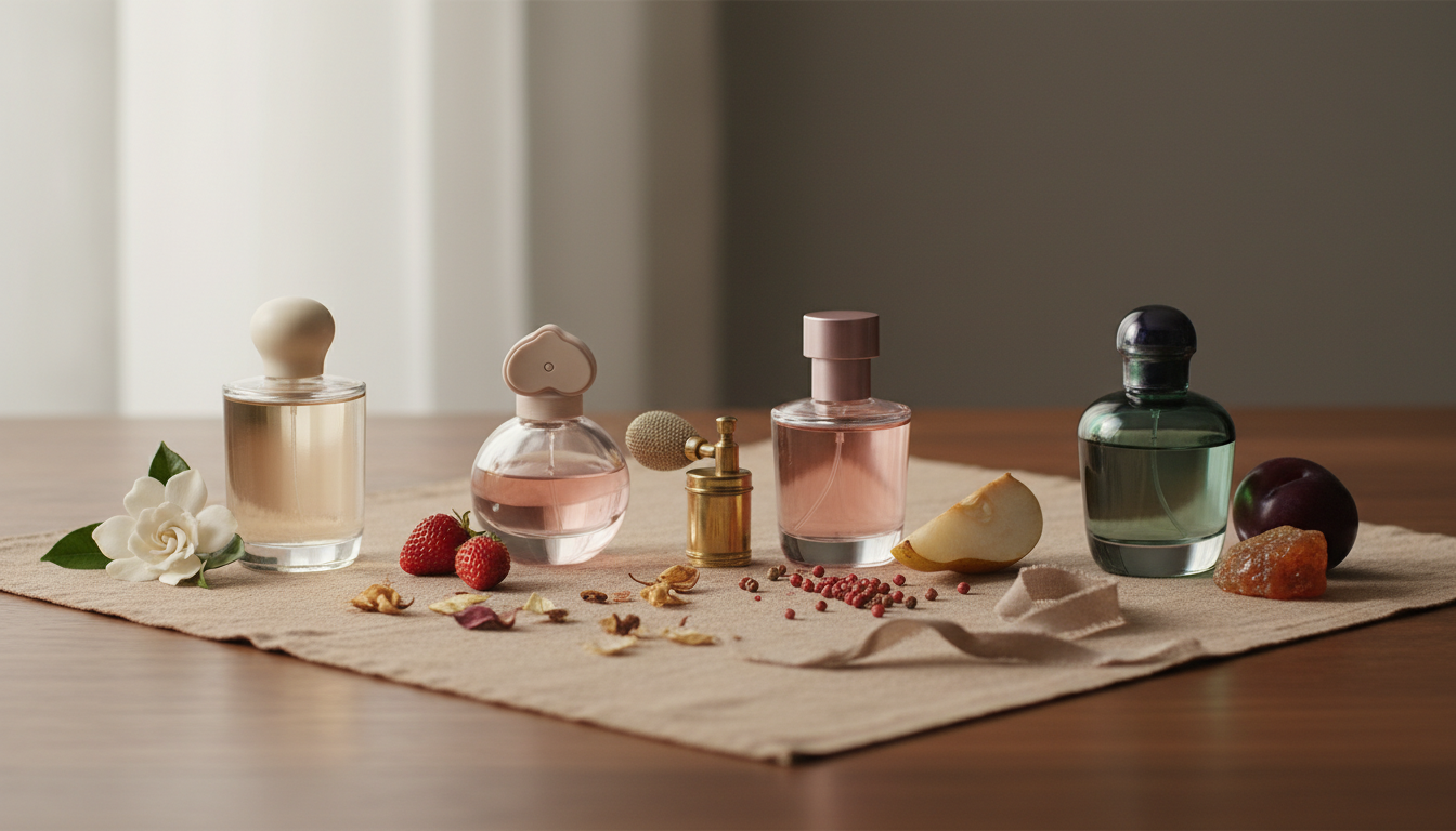 Natureza-morta editorial com quatro frascos de perfume sem logos sobre linho e madeira, acompanhados por gardênia, morango, pimenta rosa/pera e ameixa que sugerem notas e lançamentos da Marc Jacobs.