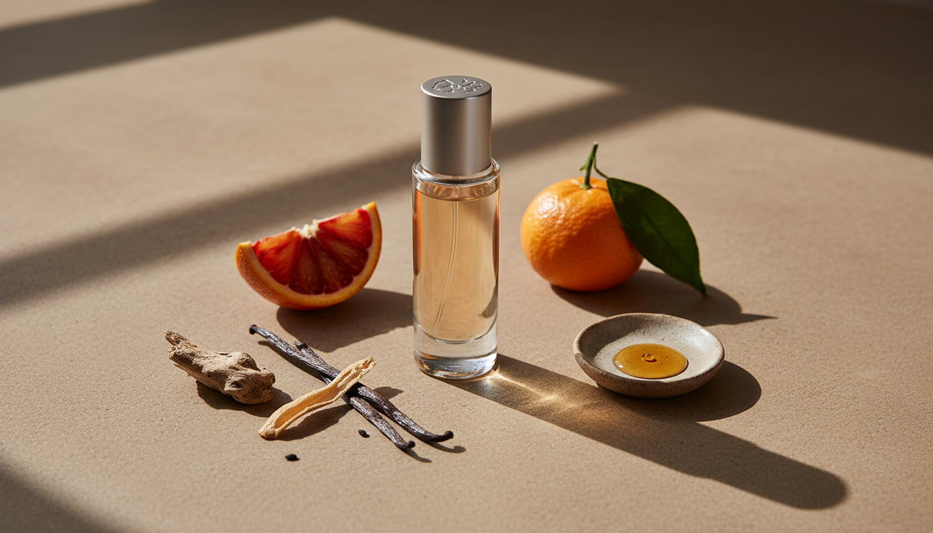 Frasco de perfume elegante sem rótulo sobre pedra, cercado por fatia de laranja sanguínea, clementina, fava de baunilha e pedaço de vetiver, com pequena gota de óleo em um pratinho de cerâmica.