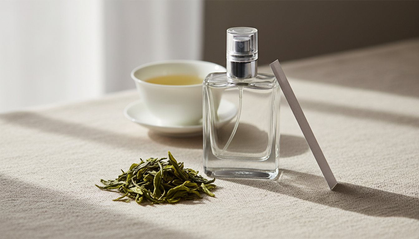 Close-up editorial de frasco de perfume sem marca sobre linho, com folhas de chá verde espalhadas em primeiro plano e xícara rasa de chá ao fundo, iluminação natural suave.