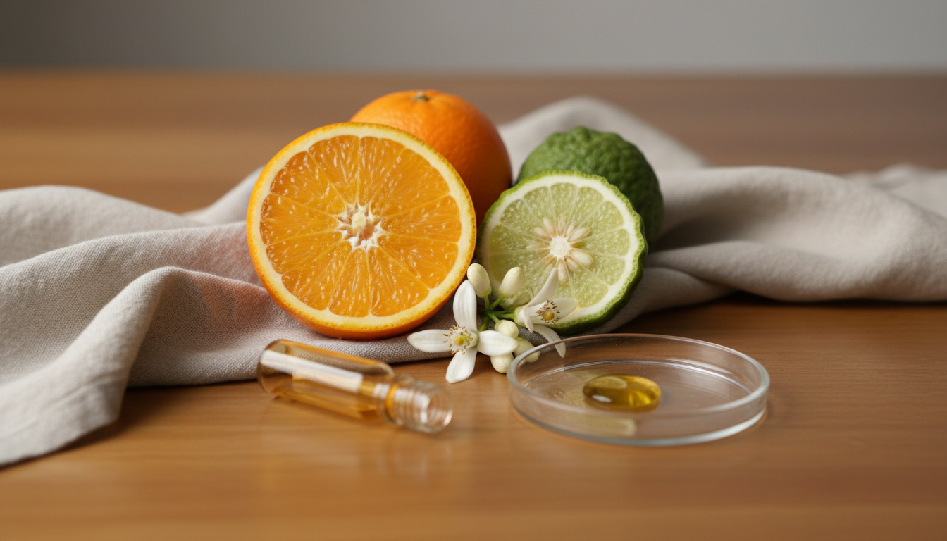 Natureza-morta editorial: meia laranja suculenta, bergamota cortada, flores brancas de laranjeira e pequeno frasco âmbar com gota de óleo sobre mesa de madeira e linho.