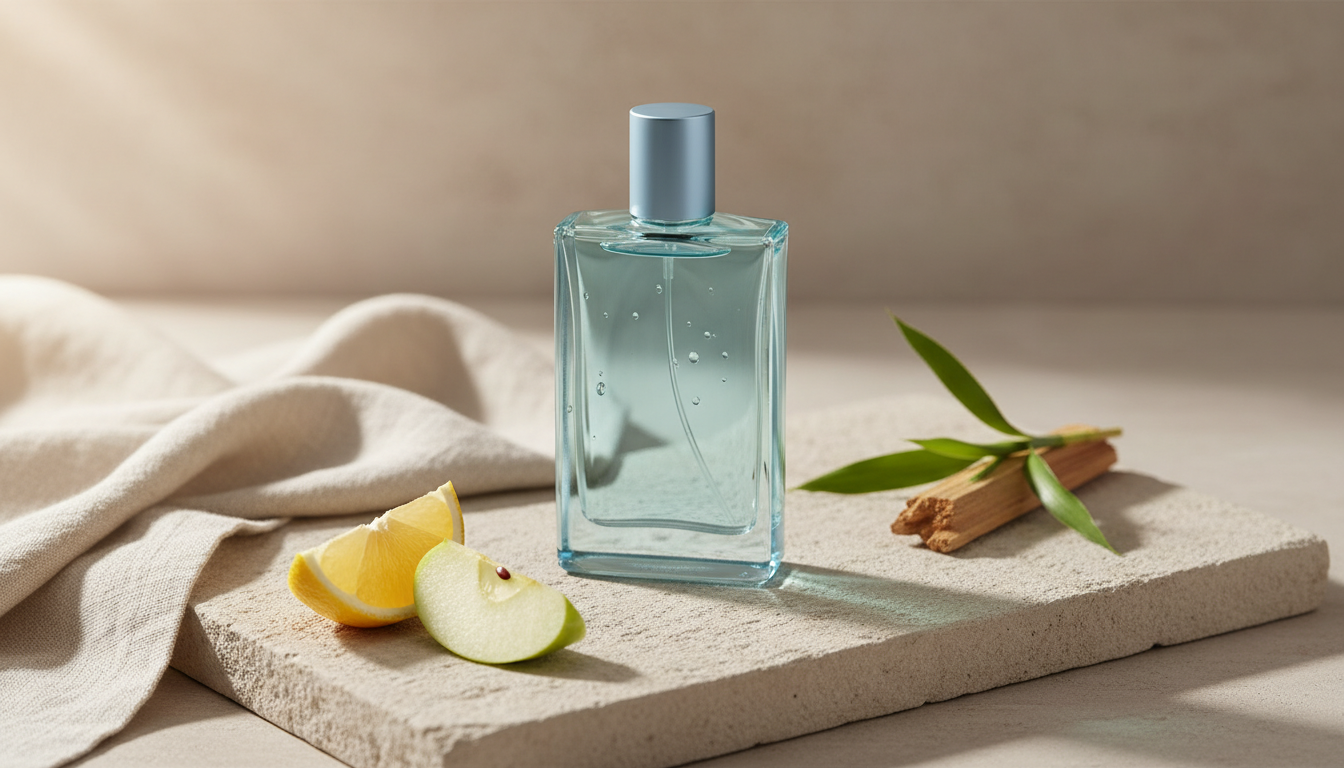 Garrafa translúcida azul-pálido de perfume sobre pedra clara, com rodela de limão, fatia de maçã verde, pedaço de cedro e folha de bambu ao redor, iluminação natural suave.