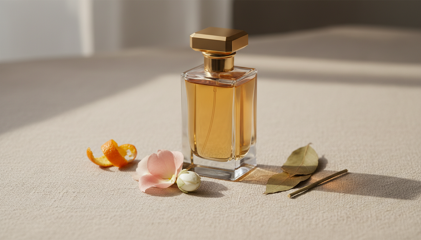 Frasco de perfume não marcado com líquido âmbar sobre linho, cercado por casca de laranja, pétalas de rosa e folha de patchouli representando notas cítricas, florais e amadeiradas.
