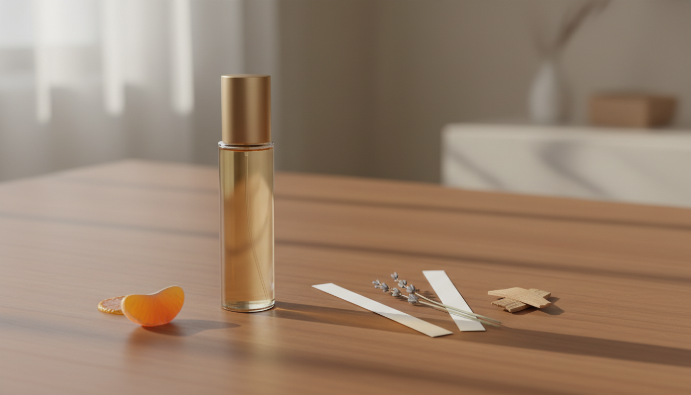 Frasco elegante de perfume sem rótulo sobre mesa de madeira, com três tiras de teste e pequenos elementos que indicam notas cítrica (tangerina), floral (lavanda) e amadeirada (sândalo).