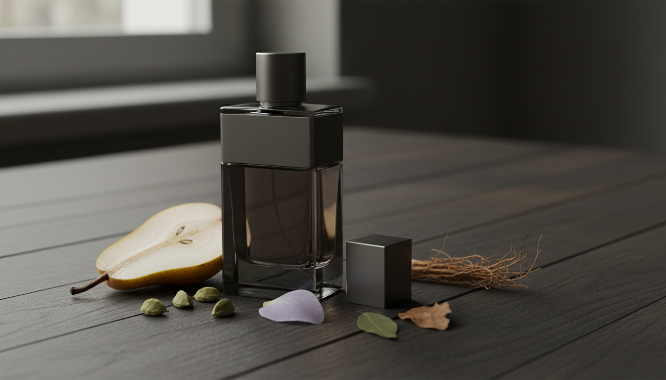 Frasco escuro de perfume masculino sobre mesa de madeira, com metade de pêra, vagens de cardamomo, pétala de íris, folha de patchouli e raiz de vetiver dispostos ao redor, iluminação natural suave.