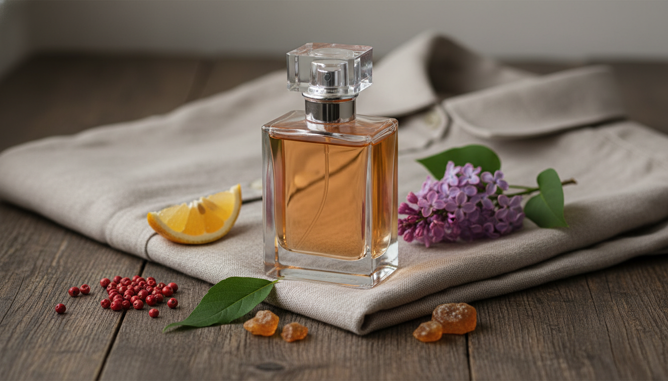Frasco de perfume elegante sobre uma camisa de linho, com fatia de bergamota, pimenta rosa, ramo de lilás, folha de patchouli e pedaços de resina âmbar dispostos ao redor.