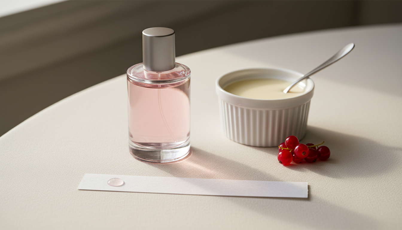 Frasco de perfume elegante sem rótulo sobre mesa cremosa, com tira olfativa, panna cotta em ramekin e duas groselhas — fotografia editorial.